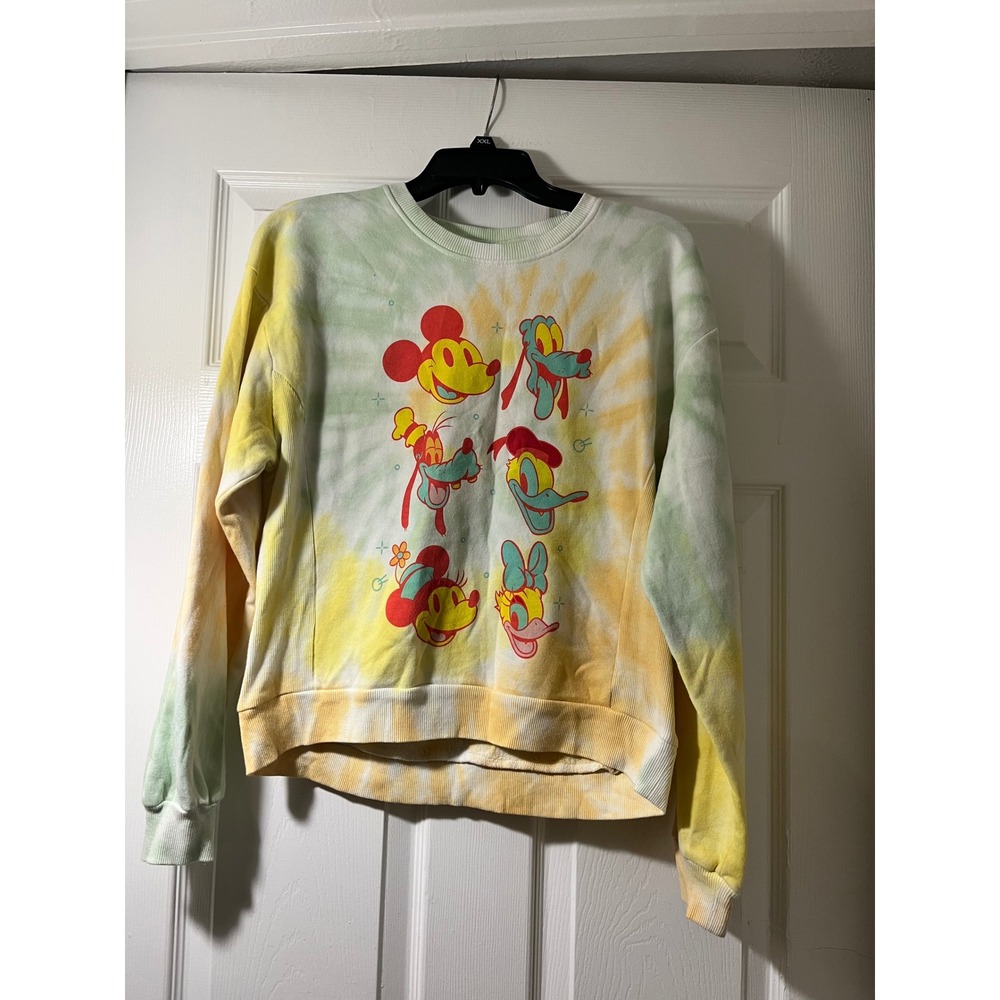 Disney Mickey Minnie Pluto Donald Daisy Tie Dye Sweatshirt Yellow Green Large